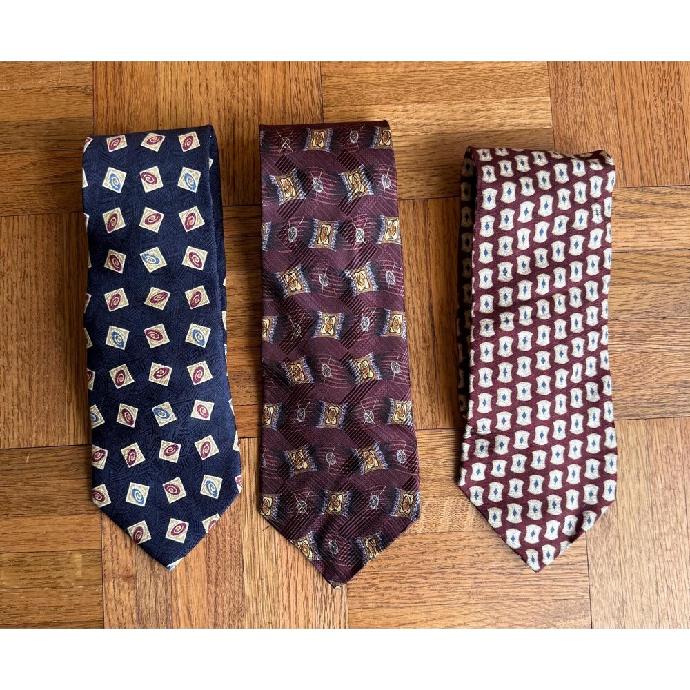 Vintage 90s Designer Silk Tie Set | Geometric & Abstract Medallion | Set of 3